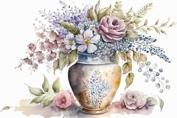 Watercolor illustration of wedding vase with flowers generated by AI