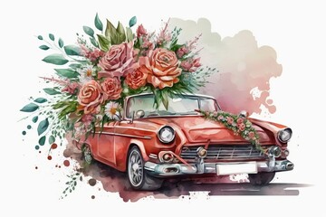 Watercolor illustration with red car and flower bouquet generated by AI