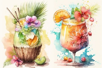 Watercolor tropical illustration - bright cocktails coconut generated by AI