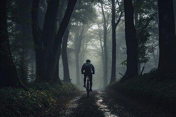 Silhouette riding a bicycle through a foggy landscape alone