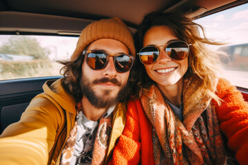 An artsy couple wearing sunglasses, capturing a stylish selfie while embracing wanderlust on a road trip adventure