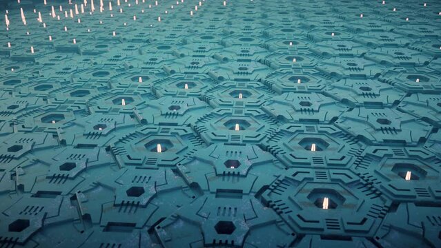 Scifi hexagon geometric surface with neon yellow elements in dynamic motion