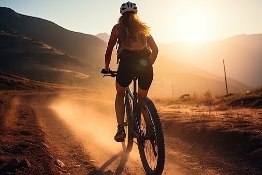Athletic girl rides a bicycle on a dusty road