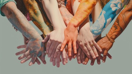 group of hands together to show equality and unity between genders and ethnicities