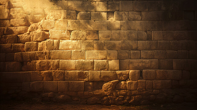 Ancient stone wall with sunlight, Generative Ai