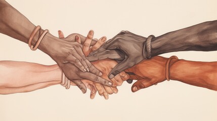 group of hands together to show equality and unity between genders and ethnicities