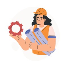 Labour Day with Happy Woman Engineer in Helmet with Paper Roll and Cogwheel Vector Illustration