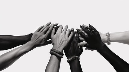 group of hands together to show equality and unity between genders and ethnicities - obrazy, fototapety, plakaty