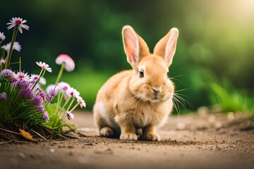 Naklejka na ściany i meble Baby rabbit eating grass outdoor on sunny summer day. Easter bunny in garden. 