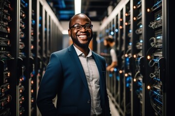 Young smiling African American man stands in the middle of a server room. Collection and storage of large amounts of data. Checks the operation of servers and automation.