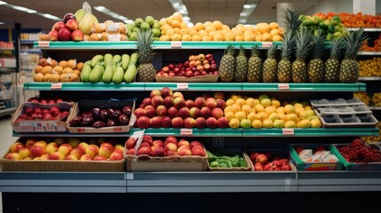 Fototapeta na wymiar Fruits in the refrigerated shelf of a supermarket. Generative AI