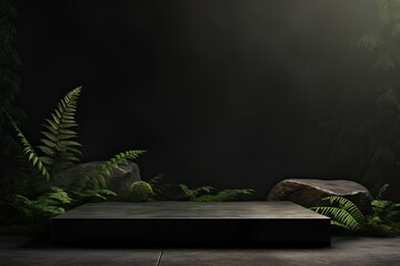 3d rendering of a dark stone green natural product showcase luxury podium stage background mockup