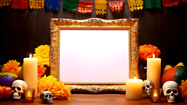 Representation of Mexican offering for the Day of the Dead holiday, free space for image