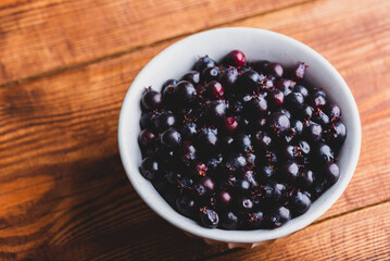 Purple Amelanchier Lamarckii Fruits in Bowl
