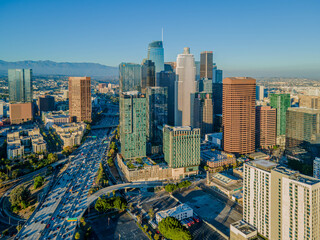 Los Angeles, California – September 7, 2023: LA downtown buildings around Francisco street with...