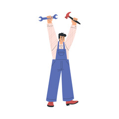 Labour Day with Happy Man Engineer in Overalls Standing with Wrench and Hammer Vector Illustration