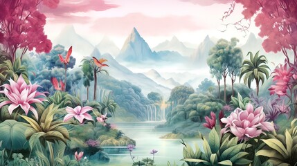 Landscape Tropical Wallpaper Mural, Wall Art, Chinoiserie, Home Decor, Hand Draw Design