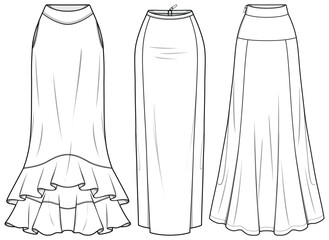 Women Column Skirt flat sketch vector illustration, Set of womens long Full length skirt for casual wear fashion technical drawing vector template mock up