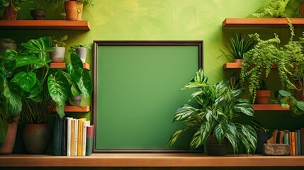 photo frame on green shelf with plants