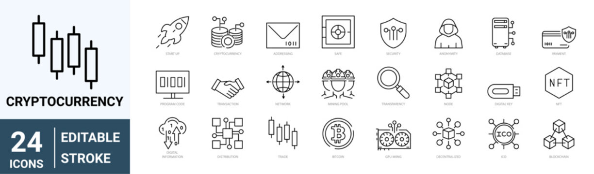set of 24 line web icons Cryptocurrency economy. Blockchain package. Bitcoin, NFT. Collection of Outline Icons. Vector illustration.