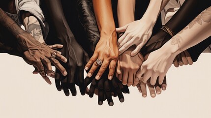 group of hands together to show equality and unity between genders and ethnicities - obrazy, fototapety, plakaty