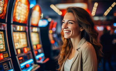 Happy young woman smiling and posing near slot machines in a casino