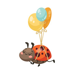 Fototapeta premium Cute Ladybug Character with Spotted Wings Floating with Balloon Bunch Vector Illustration