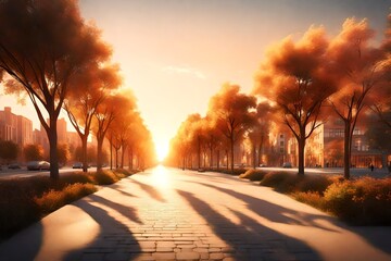  3D rendering of an urban boulevard lined with trees, bathed in the warm colors of a beautiful sunset. Showcase the contrast between city life and the natural beauty of the scene