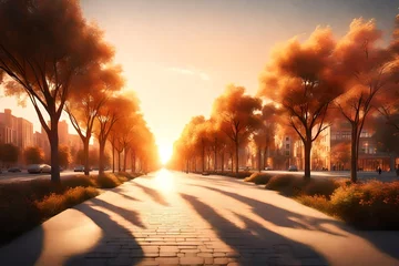Foto op Canvas  3D rendering of an urban boulevard lined with trees, bathed in the warm colors of a beautiful sunset. Showcase the contrast between city life and the natural beauty of the scene © Areesha