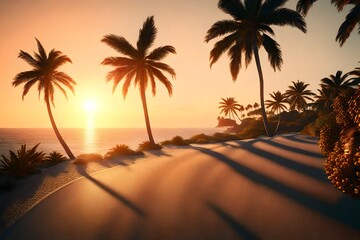  3D scene of a coastal road bordered by palm trees, with the sun setting over the ocean in the background. Capture the tranquil beauty of the coastal landscape.