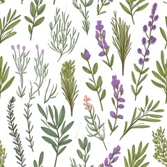 Fototapeta na wymiar Green aromatic herbs watercolor sketch illustration seamless pattern.