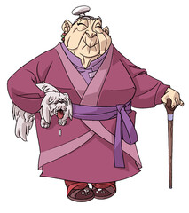 Elderly Asian woman smiling with a dog and a cane - 646947715