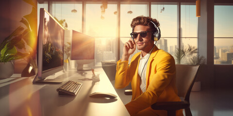 A salesman in a bright yellow jacket, a shiny hyper-modern office, answers a phone call in a headset with the microphone turned on, sits at a neat office desk - obrazy, fototapety, plakaty