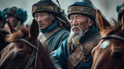 Fototapeta na wymiar Image generated with AI. Group of Mongolian horsemen with their typical clothes.