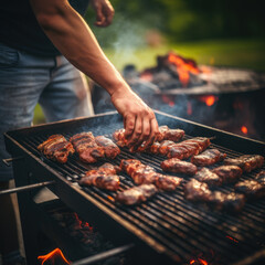 man cooking meat on a barbecue grill in the backyard. Close up