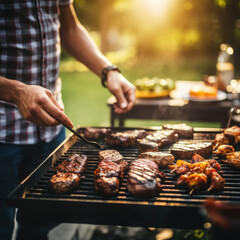 man cooking meat on a barbecue grill in the backyard. Close up