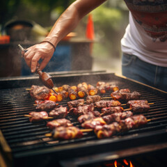 man cooking meat on a barbecue grill in the backyard. Close up