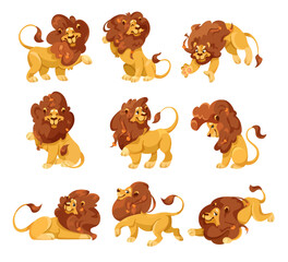Lion with Mane as Proud Powerful Wild African Animal in Different Pose Vector Set