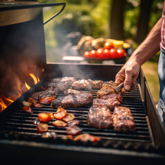 man cooking meat on a barbecue grill in the backyard. Close up