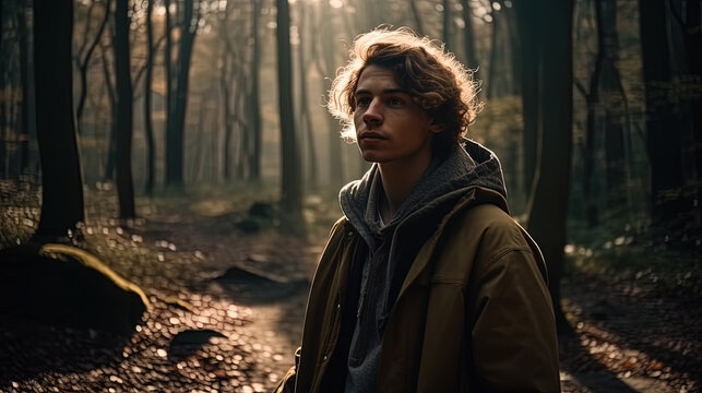 AI generated image. Attractive unknown young man walking through a forest.