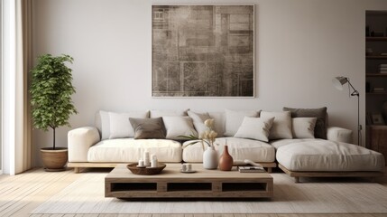 Fototapeta na wymiar Stylish living room with comfy couch and lovely wall art.