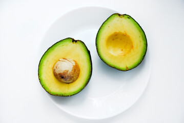 Sliced green avocado on a white background. Pieces of green vegetable on a white plate. Delicious food for a vegan.