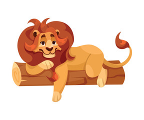 Lion with Mane as Proud Powerful Wild African Animal Lying on Log Vector Illustration