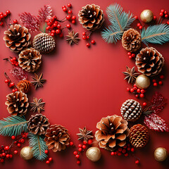 Fototapeta na wymiar Red background surrounded by Christmas decorations. Empty space for text. Christmas background with Christmas decoration. Generative ai