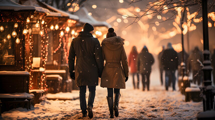 Loving couple strolling through a Christmas market in winter while it snows. Christmas background. Generative ai