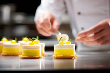 closeup of a chef's hands decorating a dessert