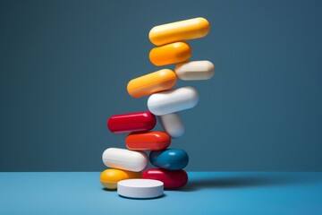  Stack of Pills Arranged on a Blue Background, Representing Medication, Pharmaceuticals, and Healthcare in the Field of Medical Treatment and Pharmaceutical Industry