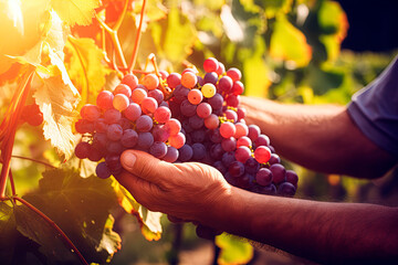 Farmer male hands picking grape, grapes harvest.
