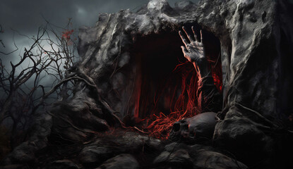Creepy zombie hand in cave, AI generative, horror, monster - obrazy, fototapety, plakaty