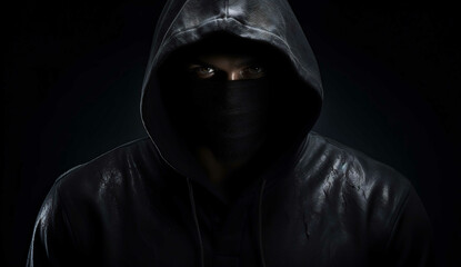Fototapeta na wymiar Hooded person on black background, AI generative, mystery, man